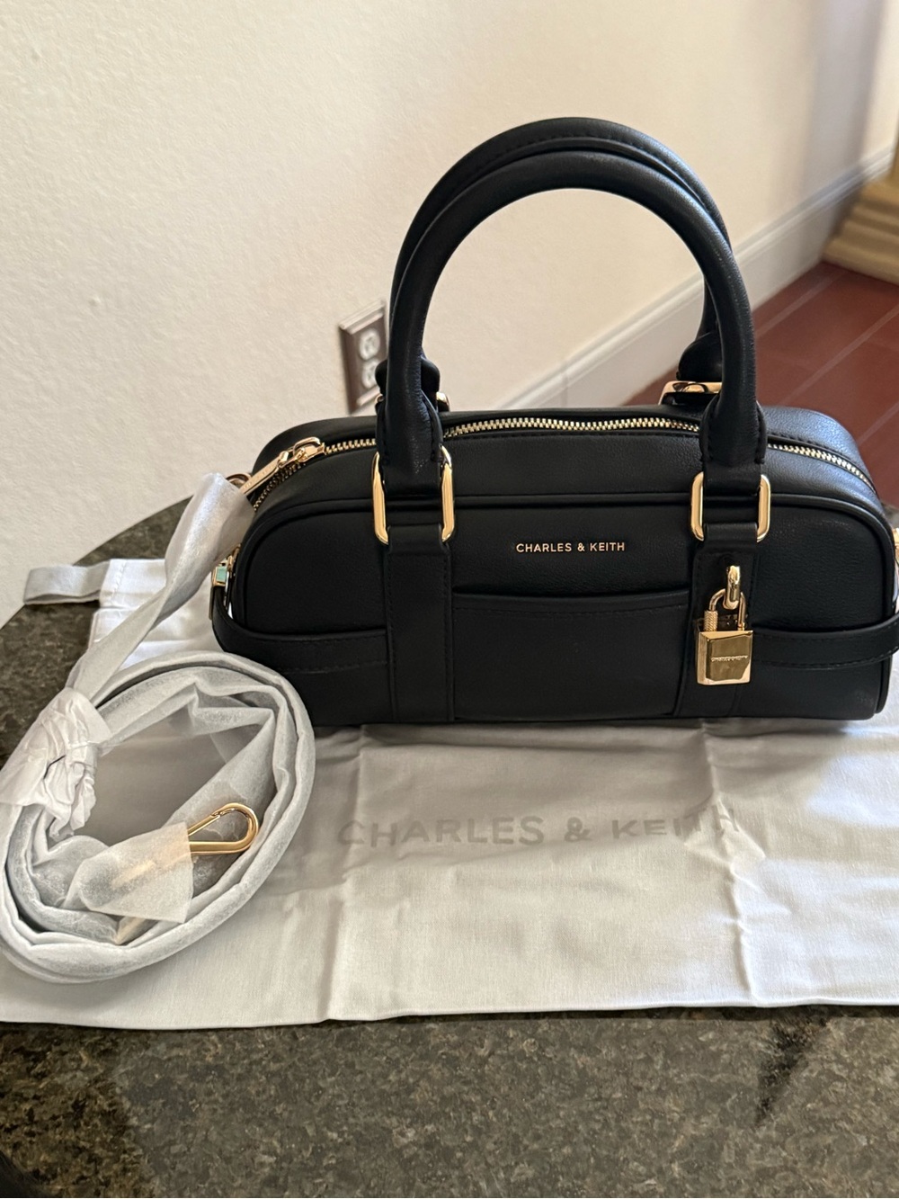 Charles & Keith Scottie Black Bowling Bag Recycled Leather Crossbody Tik Tok - Picture 2 of 16